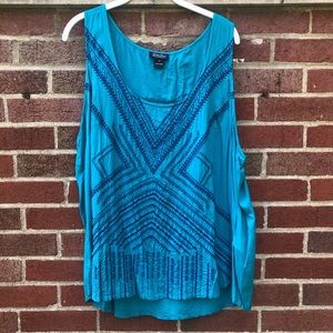 Lucky Brand teal Aztec embroidered sleeveless top